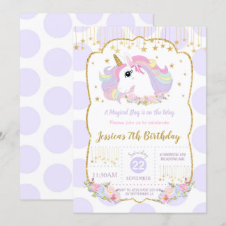 Rainbow Unicorn 1. Geburtstag Lila Polka Dot Einladung