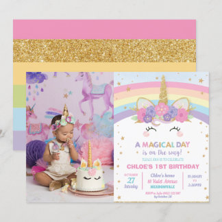 Rainbow Unicorn 1. Geburtstag Party Girl mit Foto Einladung