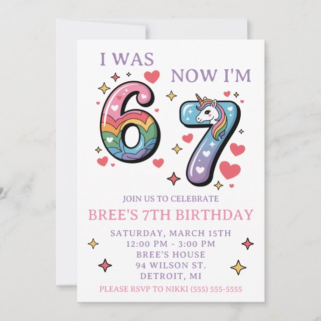Rainbow Unicorn 67 Themed 7th Birthday Party Einladung (Vorderseite)