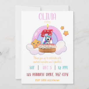 Rainbow Unicorn 7. Geburtstagsparty Cupcake Einladung