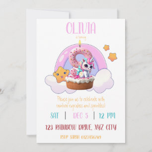 Rainbow Unicorn 9. Geburtstagsparty Cupcake Einladung