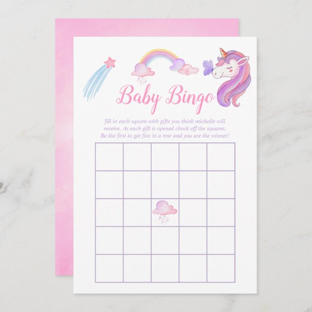 Rainbow Unicorn Baby Girl Dusche Bingo Einladung (Vorne/Hinten)