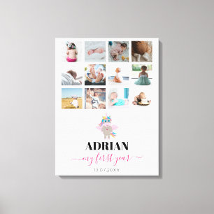 Rainbow Unicorn Baby Girl First Year Foto Collage Leinwanddruck