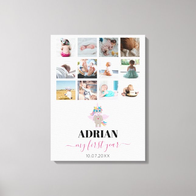 Rainbow Unicorn Baby Girl First Year Foto Collage Leinwanddruck (Vorderseite)