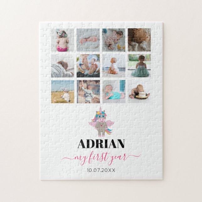 Rainbow Unicorn Baby Girl First Year Foto Collage Puzzle (Vertikal)