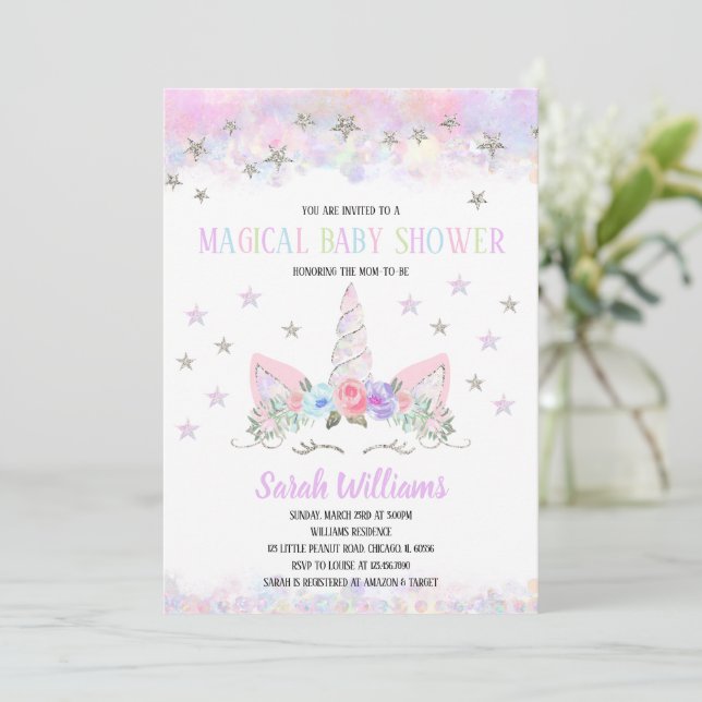 Rainbow Unicorn Baby Shower Invitation Einladung (Stehend Vorderseite)