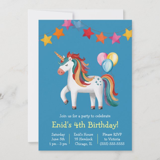 Rainbow Unicorn, Balloons & Banner Birthday Party Einladung (Vorderseite)