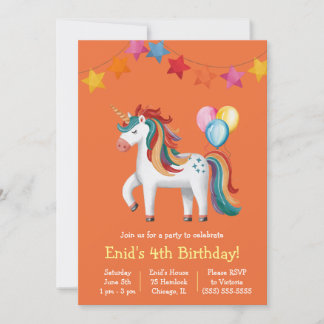 Rainbow Unicorn, Balloons & Banner Birthday Party Einladung