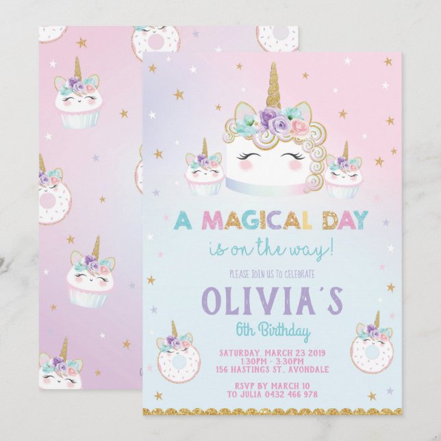 Rainbow Unicorn Birthday Cake Einladung Cupcake (Vorne/Hinten)