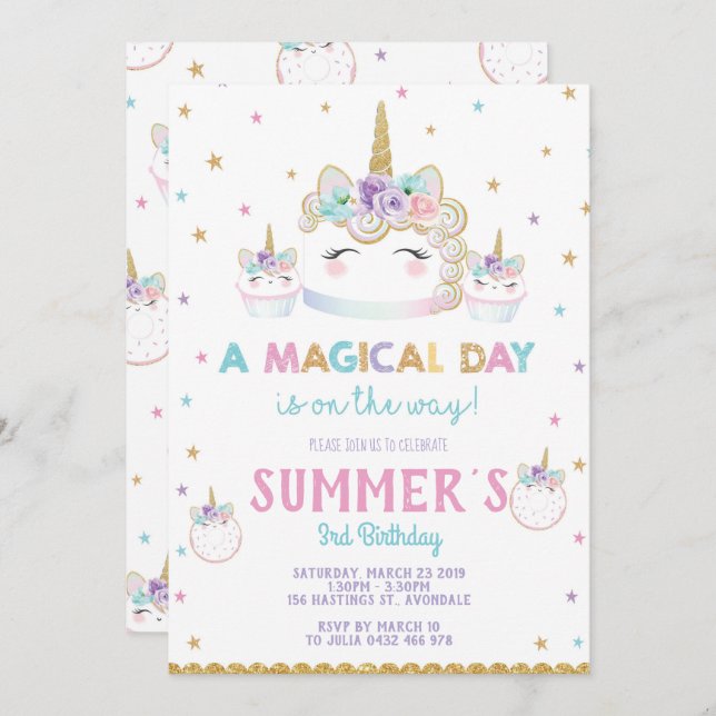 Rainbow Unicorn Birthday Cake Einladung Cupcake (Vorne/Hinten)