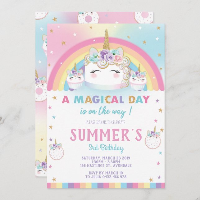 Rainbow Unicorn Birthday Cake Invitation Cupcake Einladung (Vorne/Hinten)