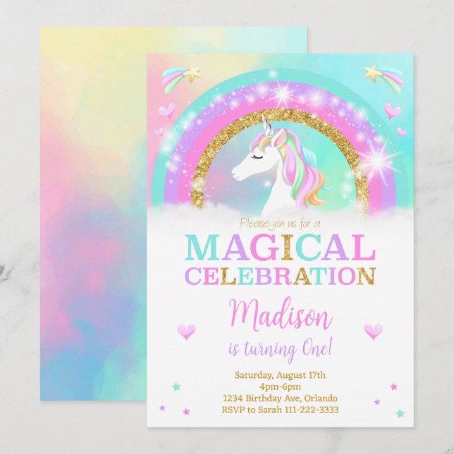 Rainbow Unicorn Birthday Einladung (Vorne/Hinten)