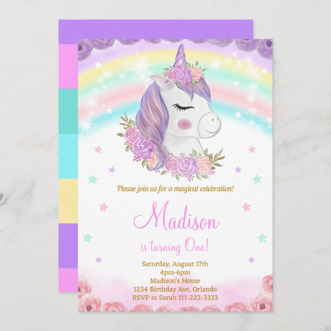 Rainbow Unicorn Birthday Einladung (Vorne/Hinten)