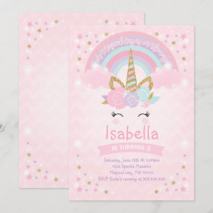 Rainbow Unicorn Birthday Einladung Pink Gold
