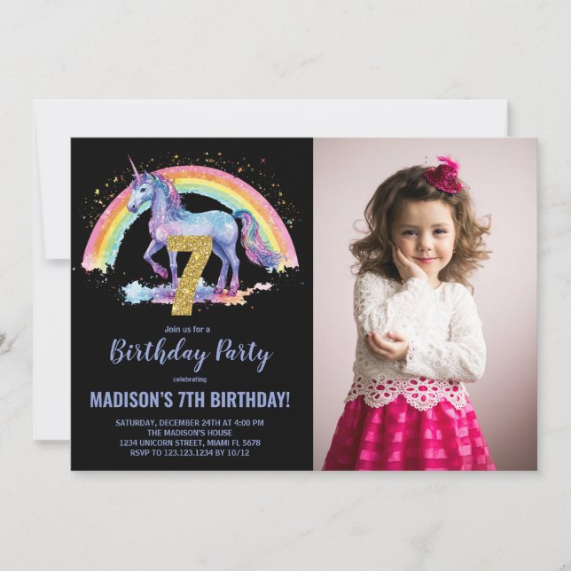 Rainbow Unicorn Birthday Einladungen Foto (Vorderseite)