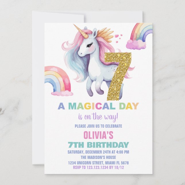 Rainbow Unicorn Birthday Einladungen Glitzer (Vorderseite)