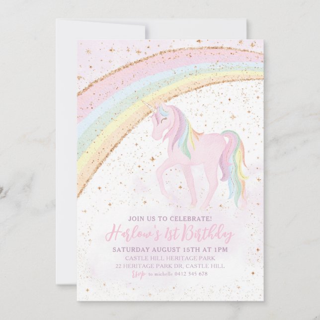 Rainbow Unicorn Birthday Girls Pastel Einladung (Vorderseite)