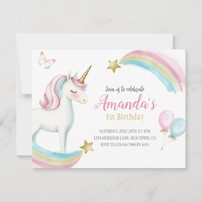 Rainbow Unicorn Birthday Girls Pastel Einladung (Vorderseite)