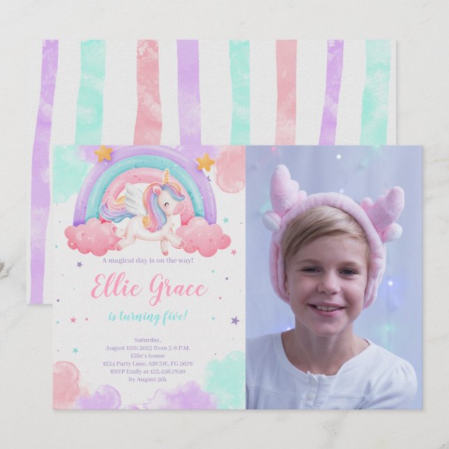 Rainbow Unicorn Birthday Magical Unicorn Foto Einladung (Vorne/Hinten)