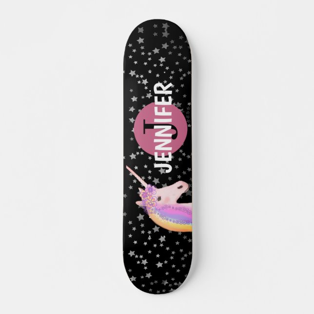 Rainbow Unicorn Black Pink Monogram Personalisiert Skateboard (Vorne)