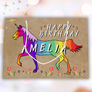 Rainbow Unicorn Blume Altes Papier Mädchen Geburts Große Geschenktüte