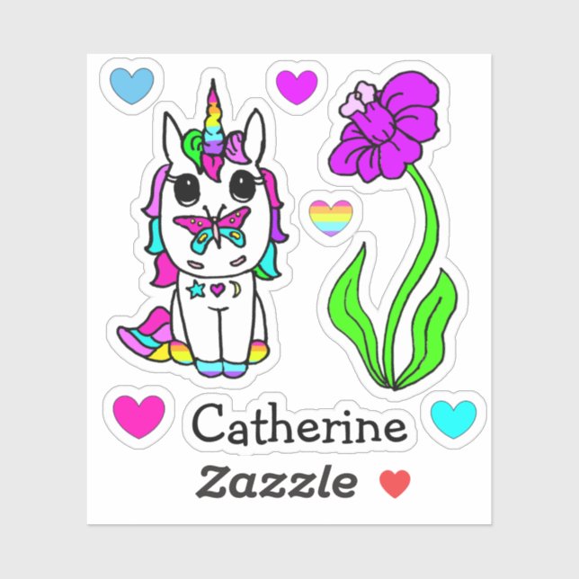 Rainbow Unicorn, Blume und Name Aufkleber (Blatt)