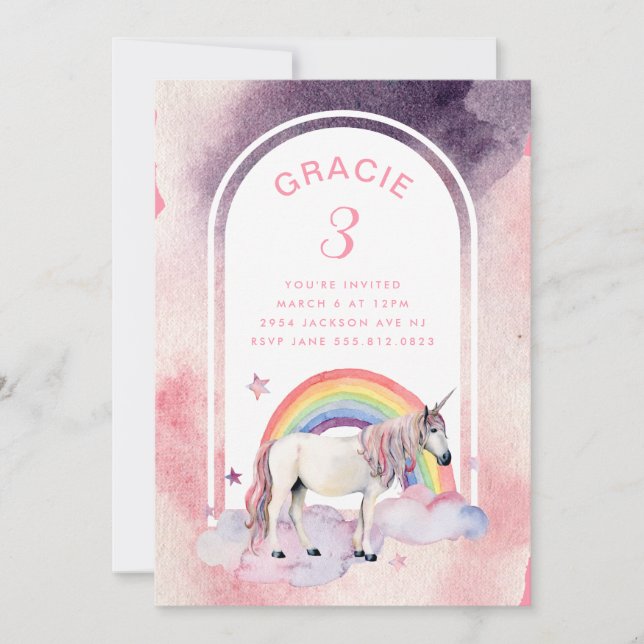 Rainbow Unicorn Boho Arch Birthday Party Girl Einladung (Vorderseite)