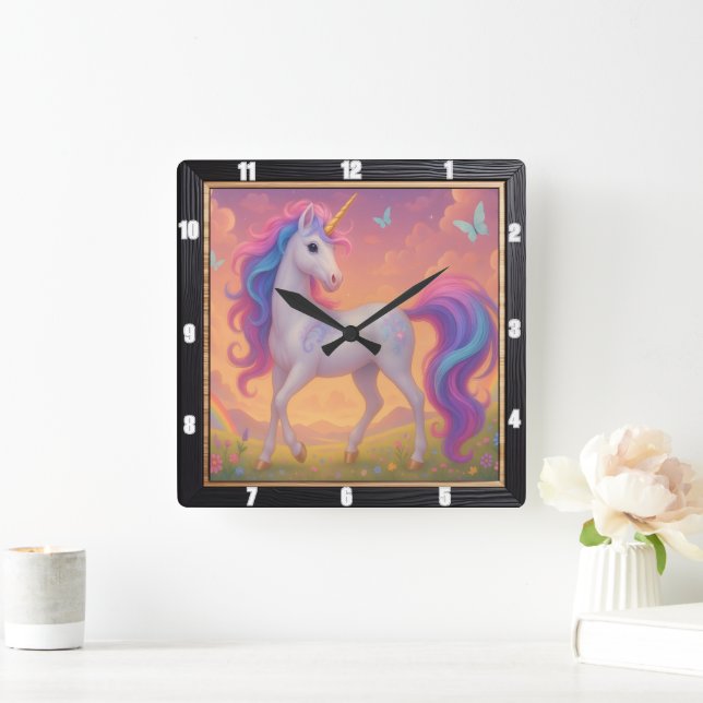 Rainbow Unicorn Butterfly Garden Quadratische Wanduhr (Zuhause)