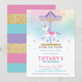 Rainbow Unicorn Carousel 1. Geburtstag Gold Glitze Einladung