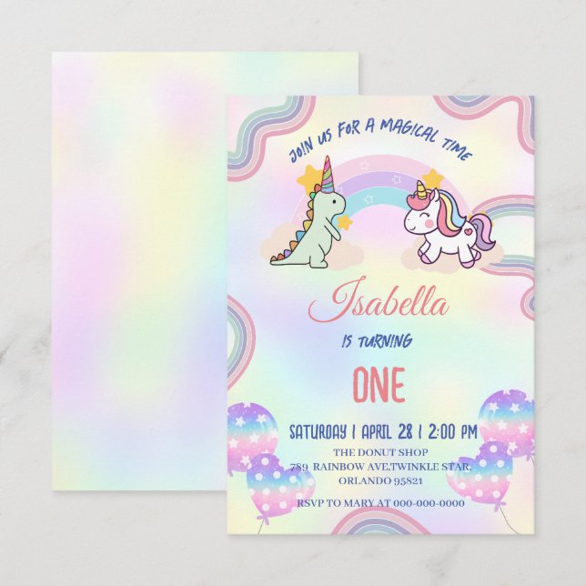 Rainbow Unicorn & Dinosaur Friends Birthday Party Dankeskarte (Vorne/Hinten)
