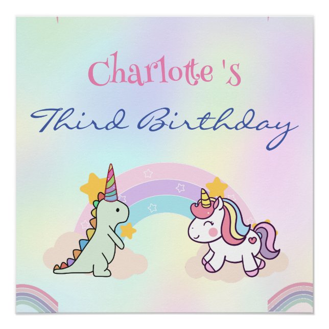 Rainbow Unicorn & Dinosaur Friends Birthday Party Poster (Vorderseite)