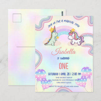Rainbow Unicorn & Dinosaur Friends Birthday Party Postkarte