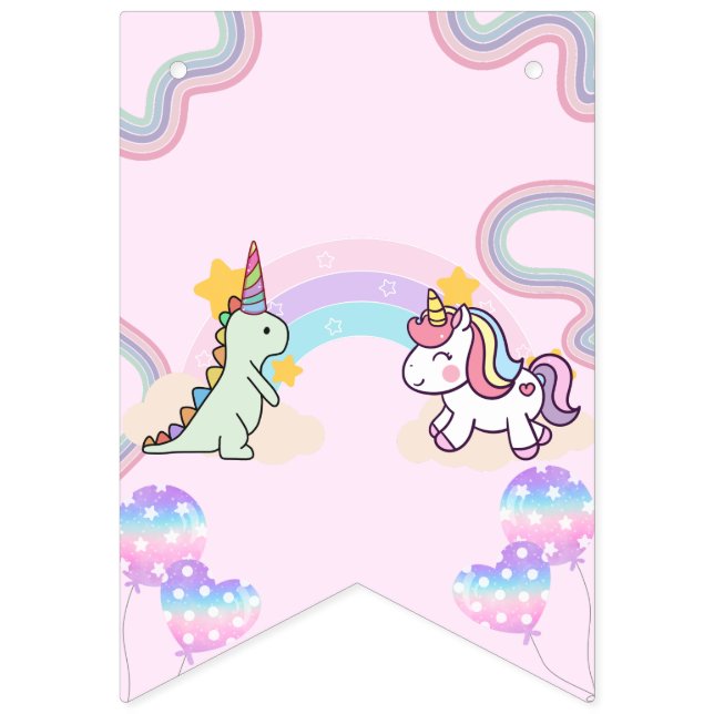 Rainbow Unicorn & Dinosaur Friends Birthday Party Wimpelkette (Erste Fahne)