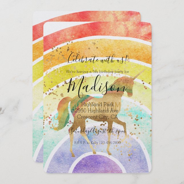 Rainbow Unicorn Dream Gold Confetti Geburtstag Einladung (Vorne/Hinten)
