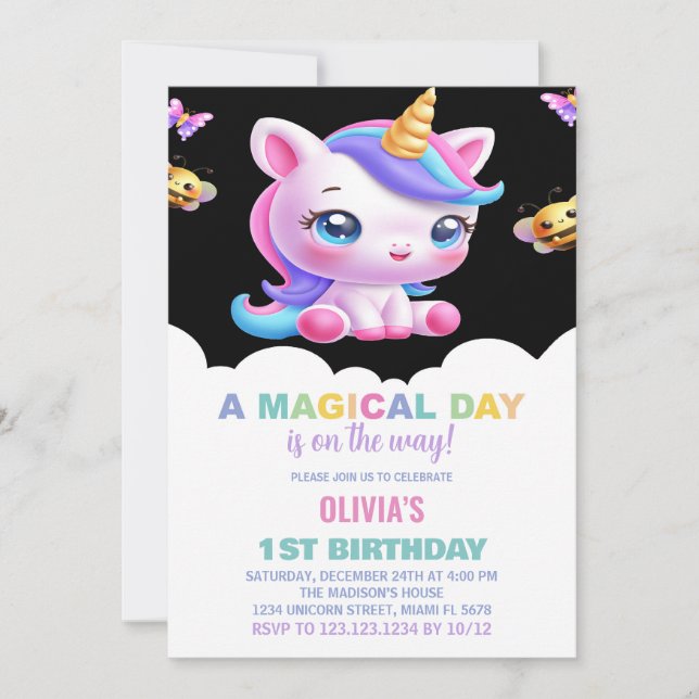 Rainbow Unicorn Einladung zum Geburtstag (Vorderseite)