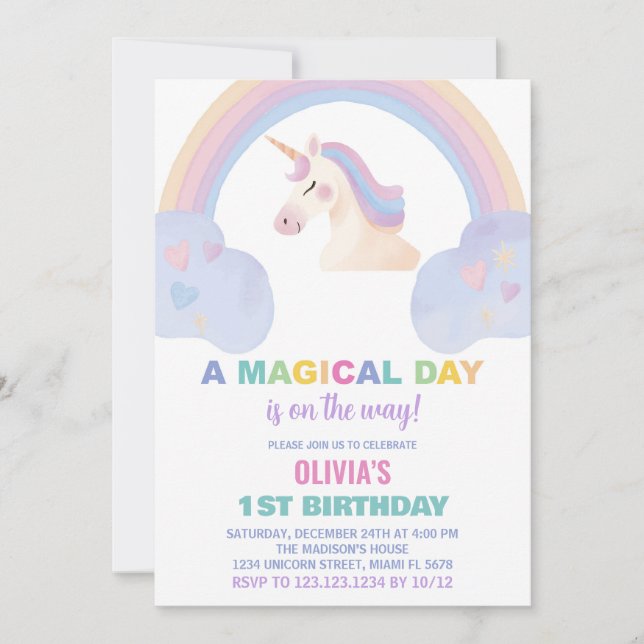Rainbow Unicorn Einladung zum Geburtstag (Vorderseite)