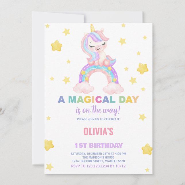 Rainbow Unicorn Einladung zum Geburtstag (Vorderseite)