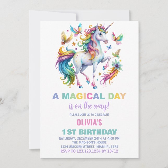 Rainbow Unicorn Einladung zum Geburtstag (Vorderseite)