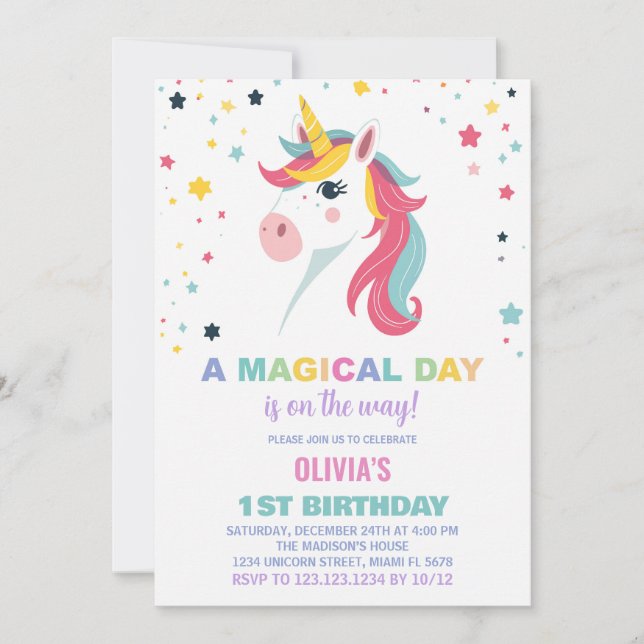 Rainbow Unicorn Einladung zum Geburtstag (Vorderseite)