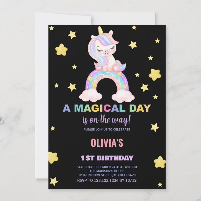 Rainbow Unicorn Einladung zum Geburtstag (Vorderseite)
