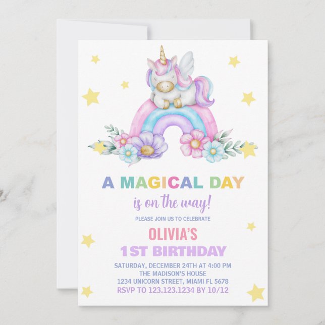 Rainbow Unicorn Einladung zum Geburtstag (Vorderseite)