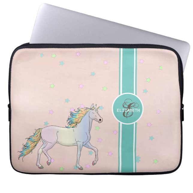 Rainbow Unicorn, farbenfrohe Sterne Monogramm Laptopschutzhülle (Vorderseite)