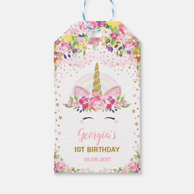 Rainbow Unicorn Floral Pink Gold Confetti Favorite Geschenkanhänger (Vorderseite)