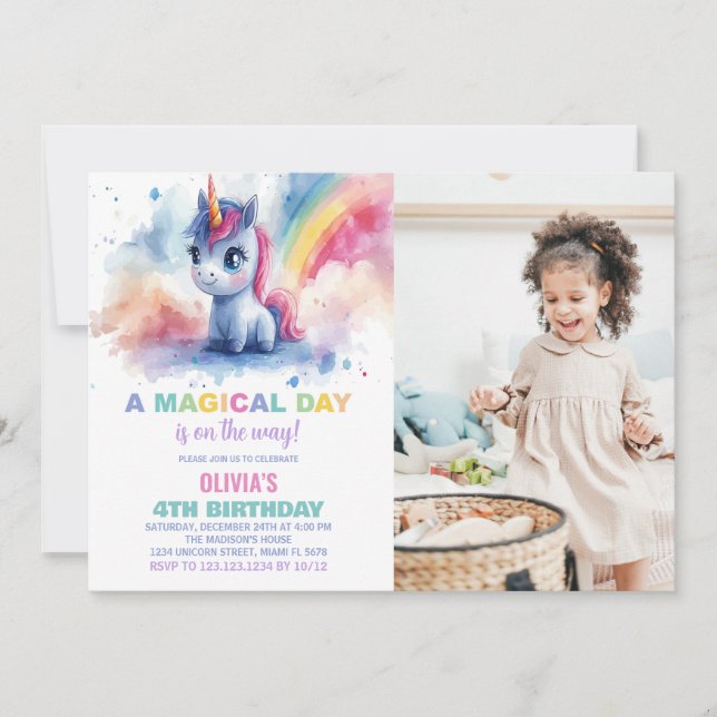 Rainbow Unicorn Geburtstag Einladung mit Foto (Vorderseite)