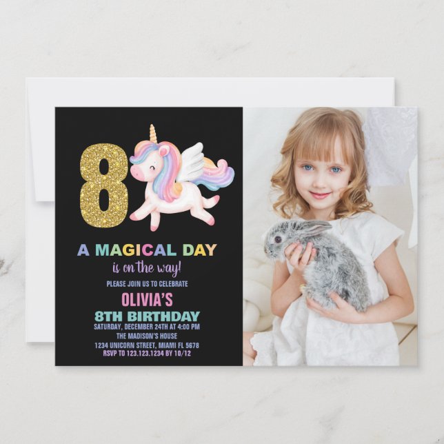 Rainbow Unicorn Geburtstag Einladungen Foto (Vorderseite)