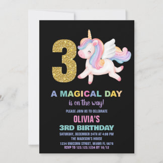 Rainbow Unicorn Geburtstagseinladungen Schwarz Einladung