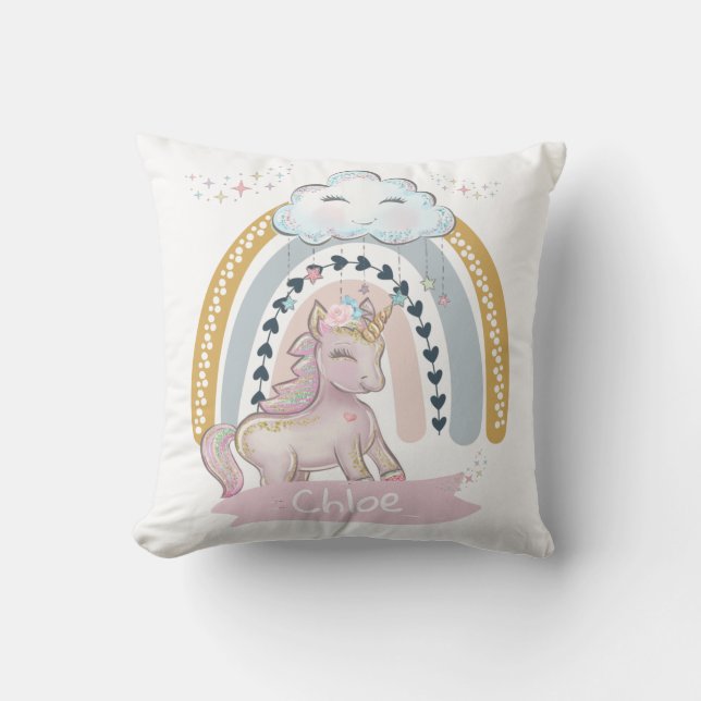 🦄 Rainbow Unicorn Girl Individuelle Name Kissen (Vorderseite)