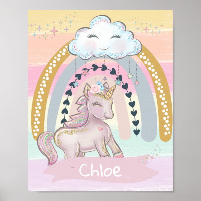 🦄 Rainbow Unicorn Girl Individuelle Name Poster (Vorne)