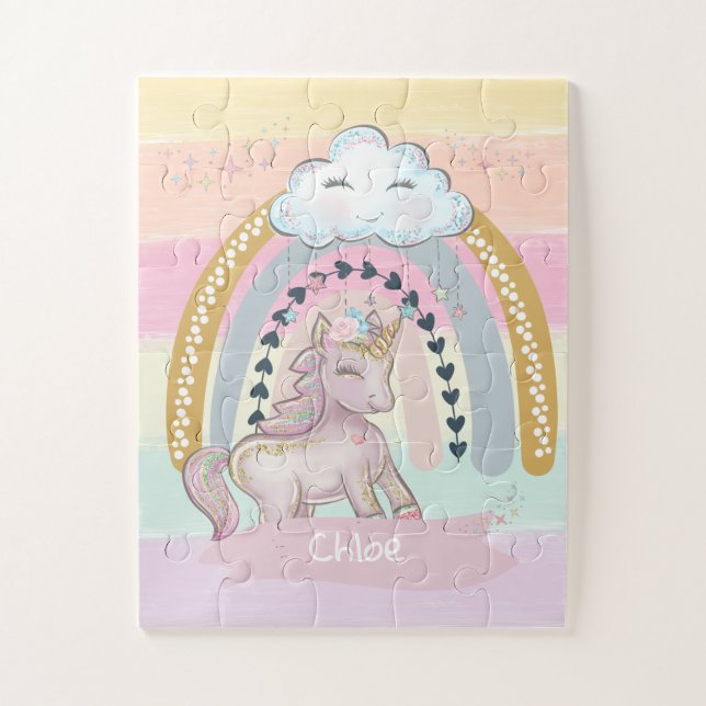 🦄 Rainbow Unicorn Girl Individuelle Name Puzzle (Vertikal)