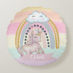 🦄 Rainbow Unicorn Girl Individuelle Name Rundes Kissen